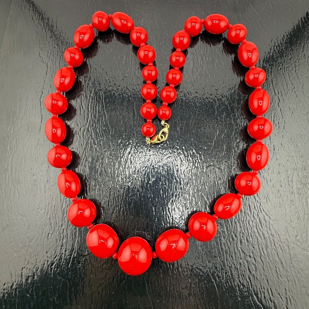 Vintage Liz Claiborne Beaded Necklace Red Acrylic Signed LCI 32in